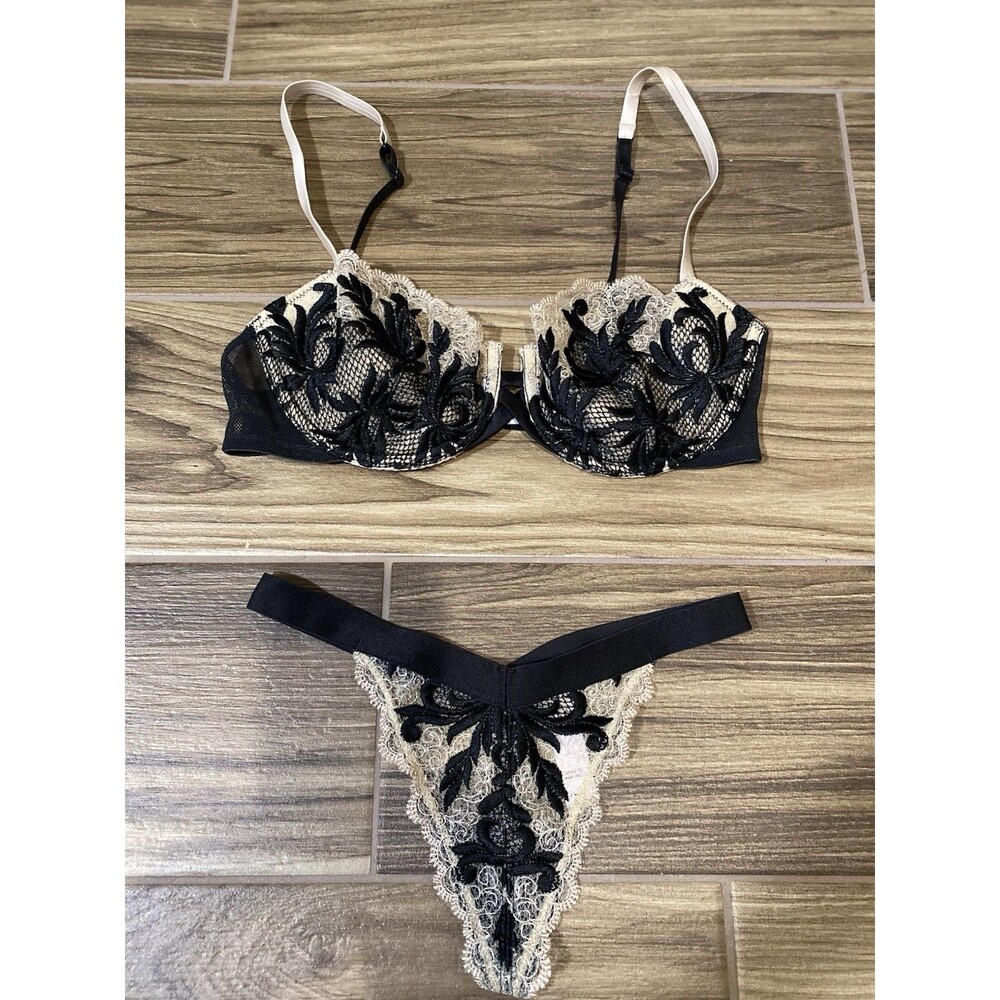 Victoria’s Secret VERY SEXY Bra & Panty Set Beige Black Lace Net 34C XS NWOT